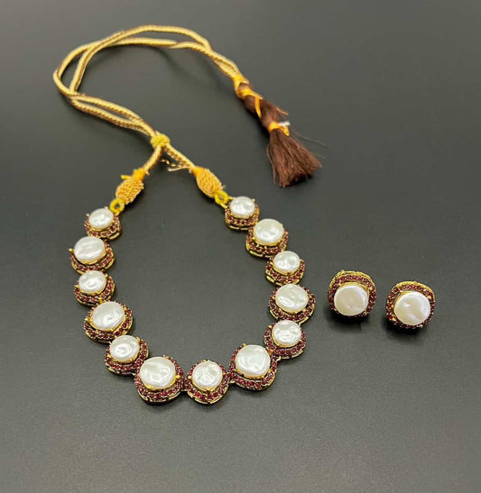 Classic Designer Pearl & Emerald Turkish Necklace Set - Gold Filigree Choker with Matching Studs for Women