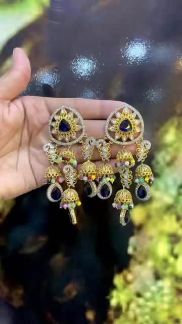Emerald Green Kundan Jhumka Earrings with Gold Finish and Drop Crystals - Bridal & Festive Jewelry