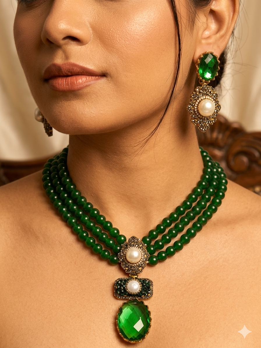 Handcrafted Turkish Doublet Stone 5-Strand Mala Necklace – Green & Pearl Statement Set