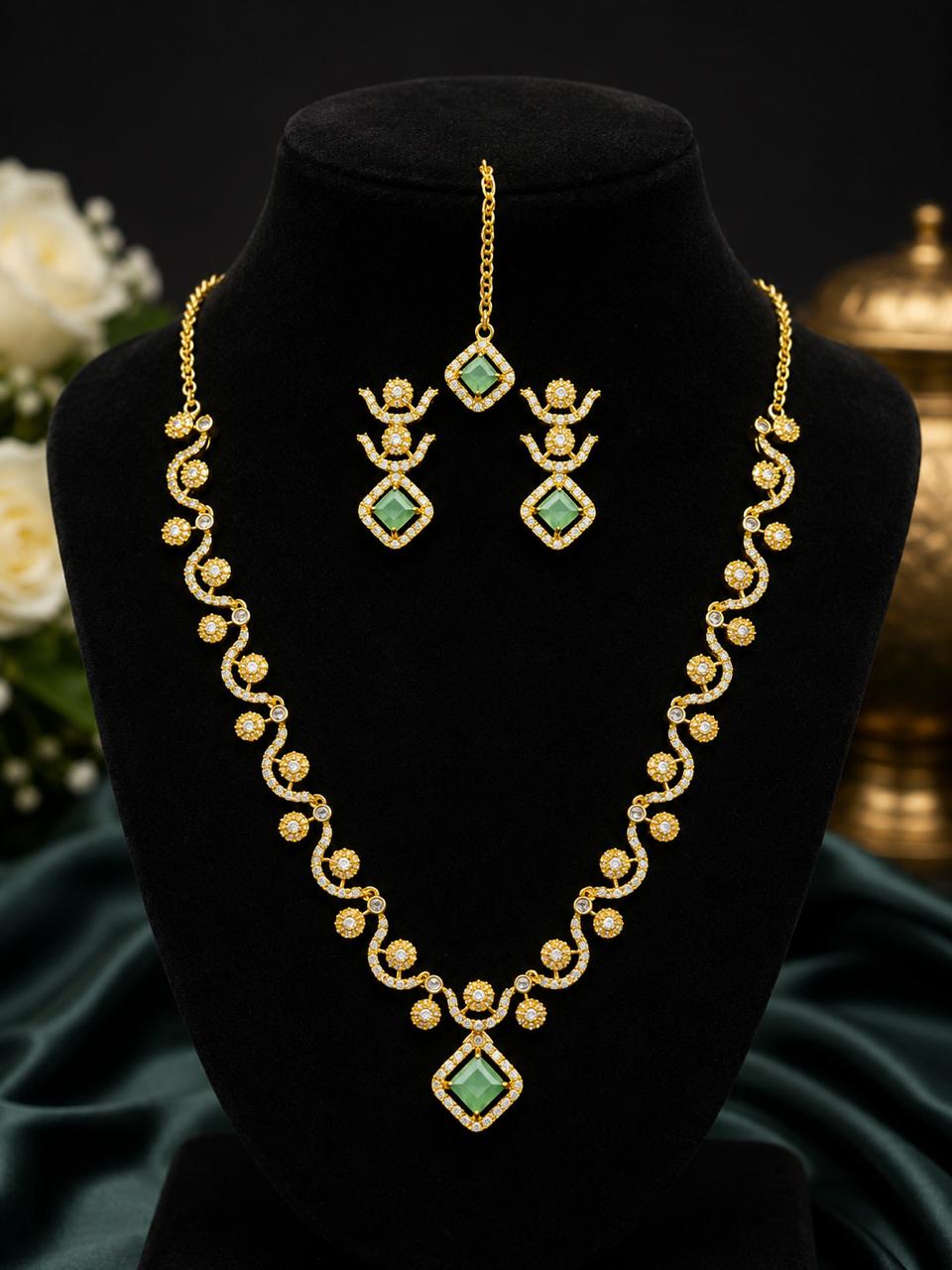 Pink Stone Gold-Plated Necklace Set with Earrings & Maang Tikka | Bridal Jewelry |