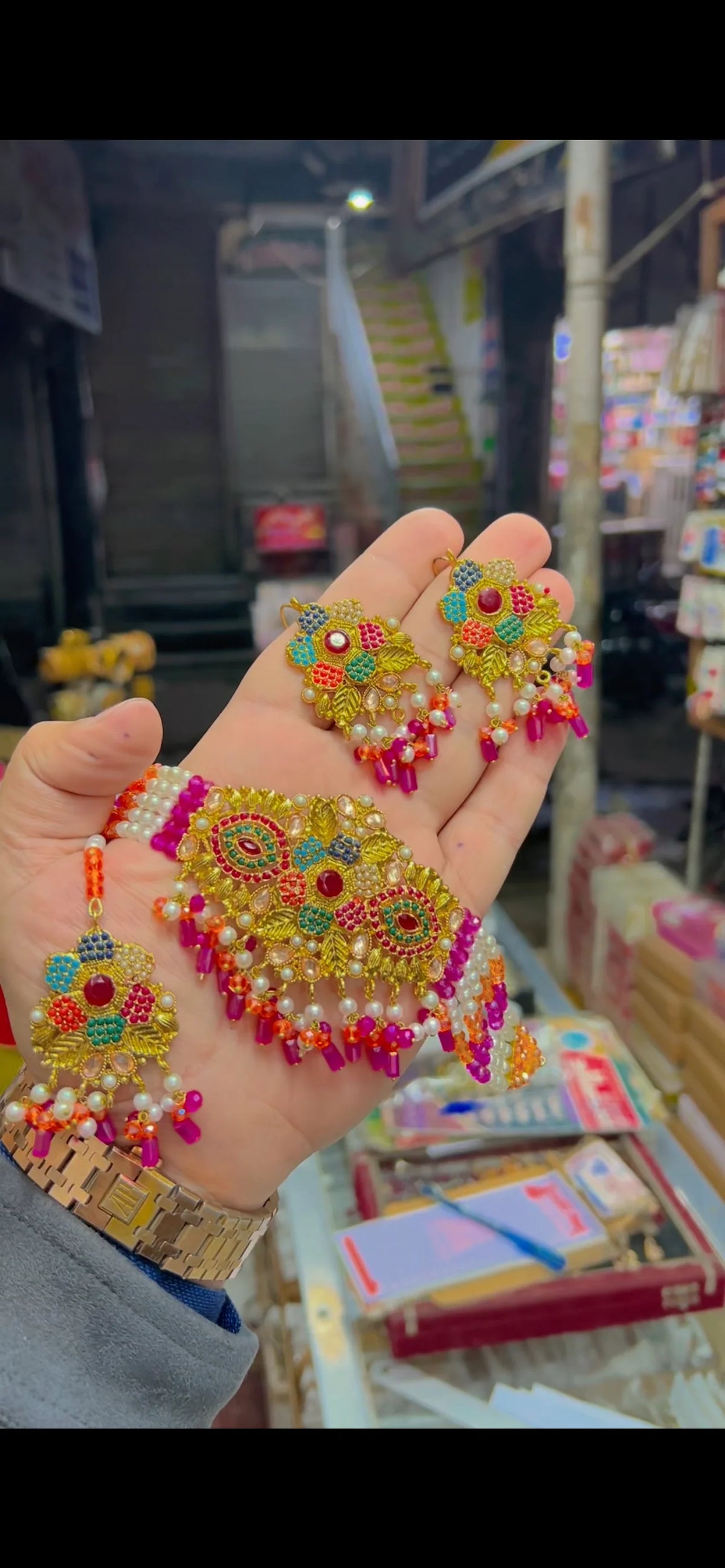 Pink & Gold Beaded Jewellery Set with Necklace & Earrings