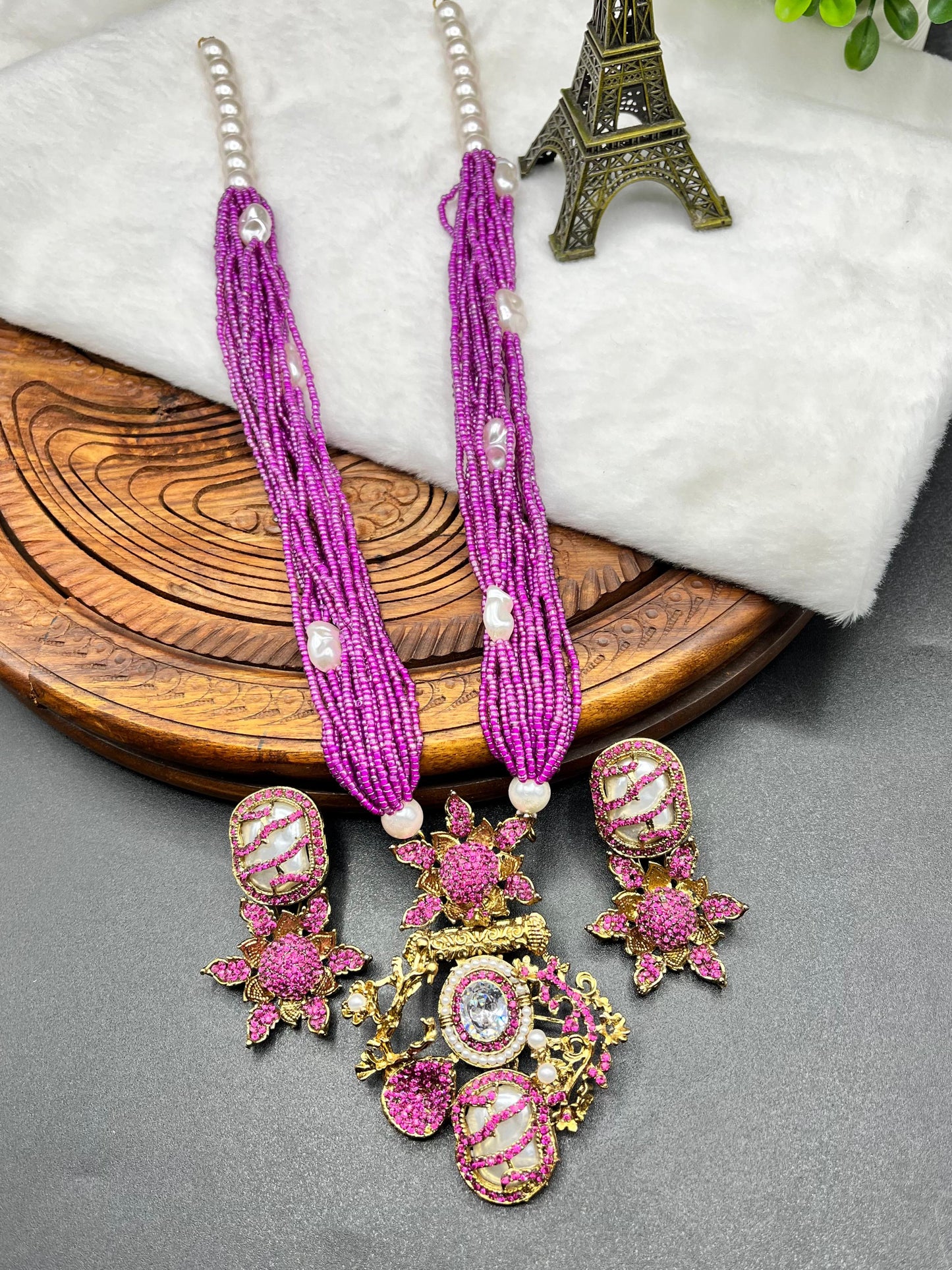 Turkish Designer Bridal Multi-Strand Royal Look Bead Necklace Set - Turkish Gold Filigree Pendant & Floral Drop Earrings with Baroque Pearl Accents