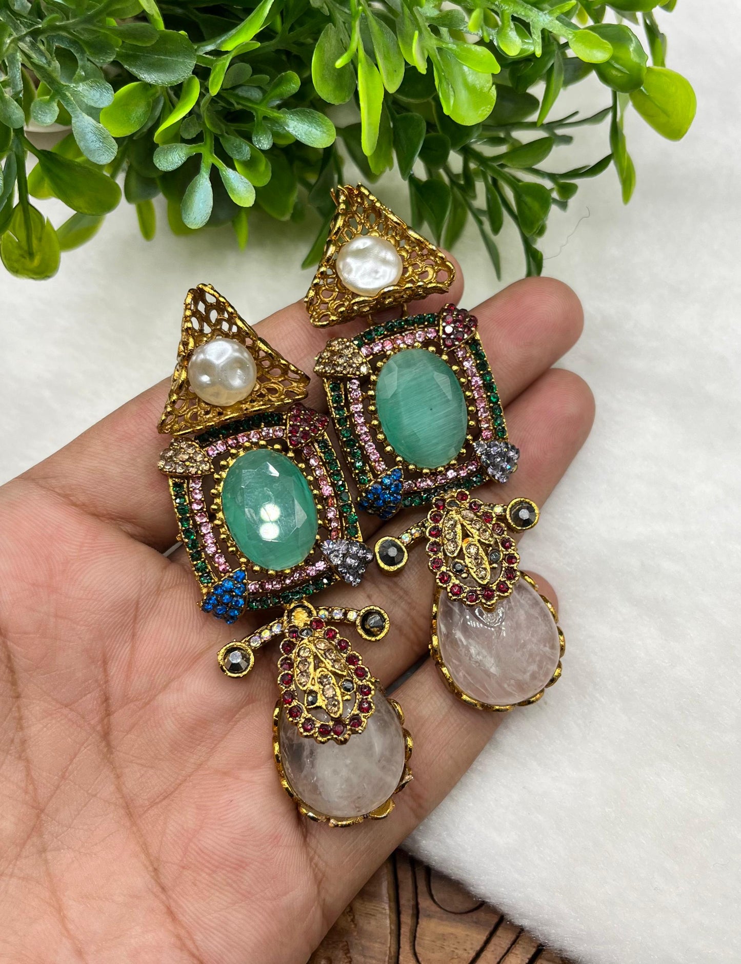 Turkish Designer Imperial Green Statement Earrings - Vintage Gold Filigree & Emerald-Cut Drop Earrings with Pearl Accents