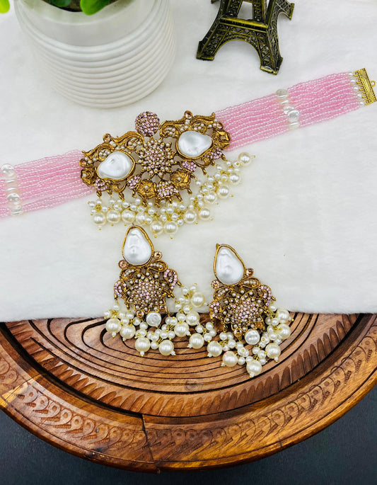 Bridal| Bead Choker Set| Baroque Pearls & Antique Gold – Available in 5 Colors