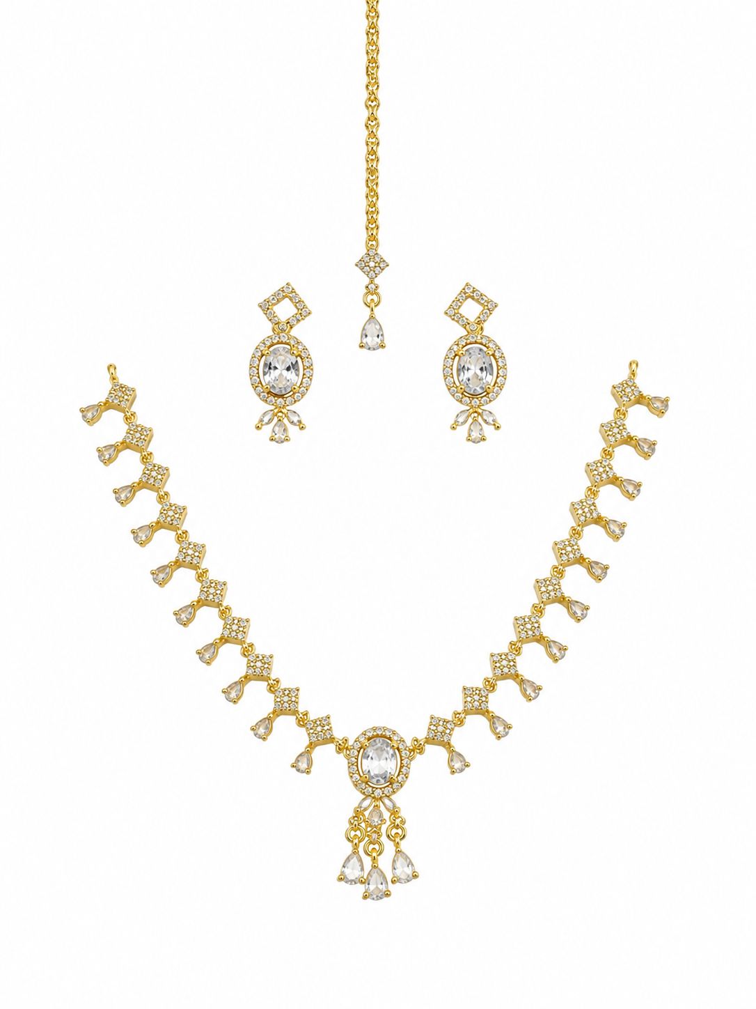 Ruby Red Bridal Necklace Set with Earrings & Maang Tikka | Gold-Plated Zircon Jewelry |