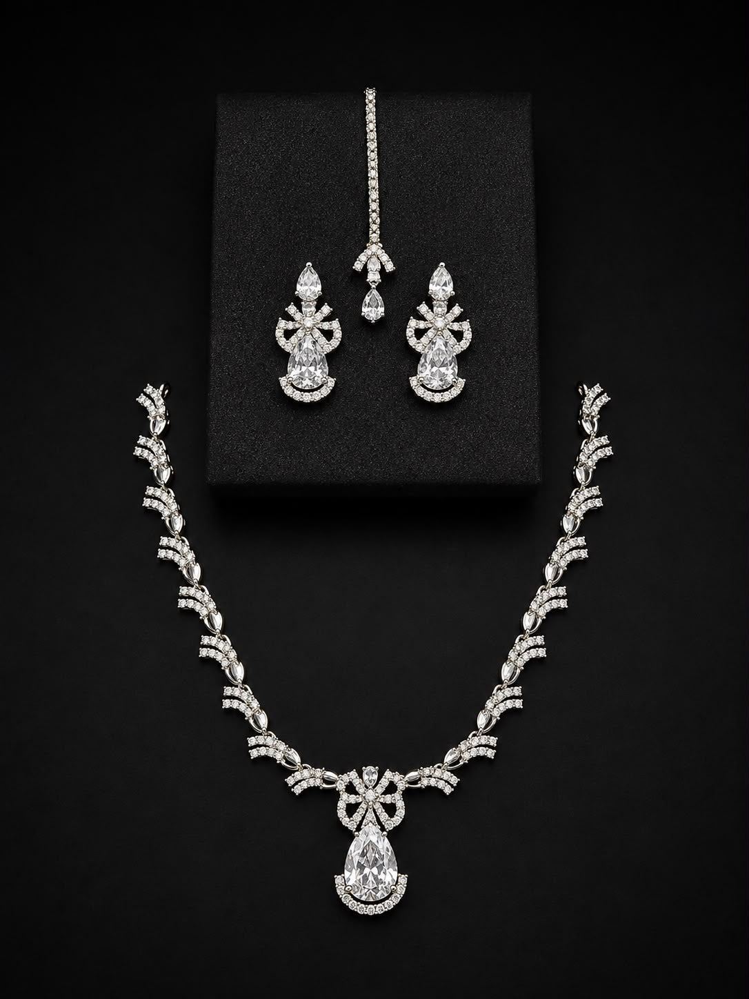 Ruby Red Bridal Necklace Set with Earrings & Maang Tikka | Silver-Plated Zircon Jewelry |