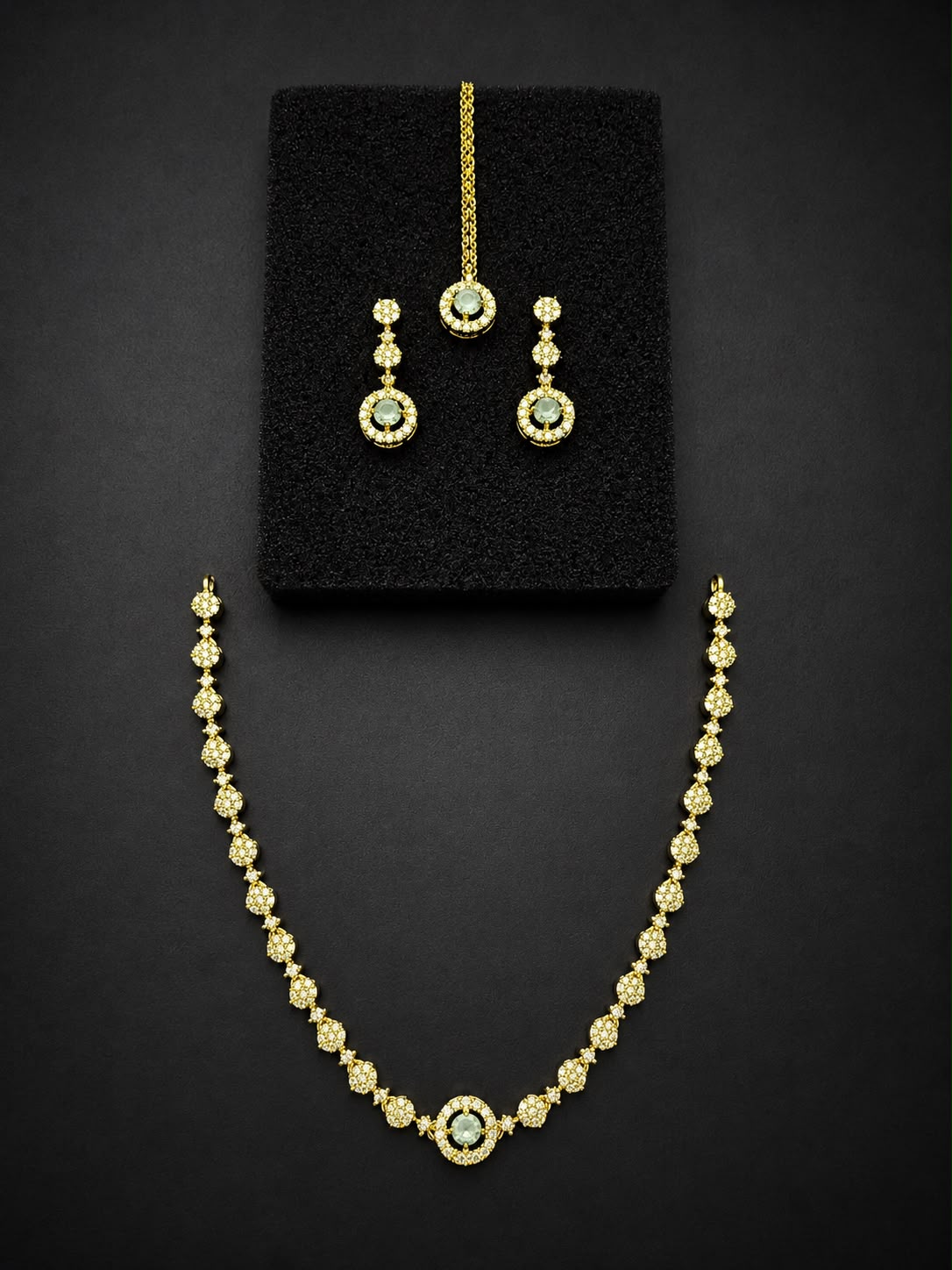 Emerald Green Necklace Set with Earrings & Maang Tikka | Silver-Plated Zircon Jewelry |