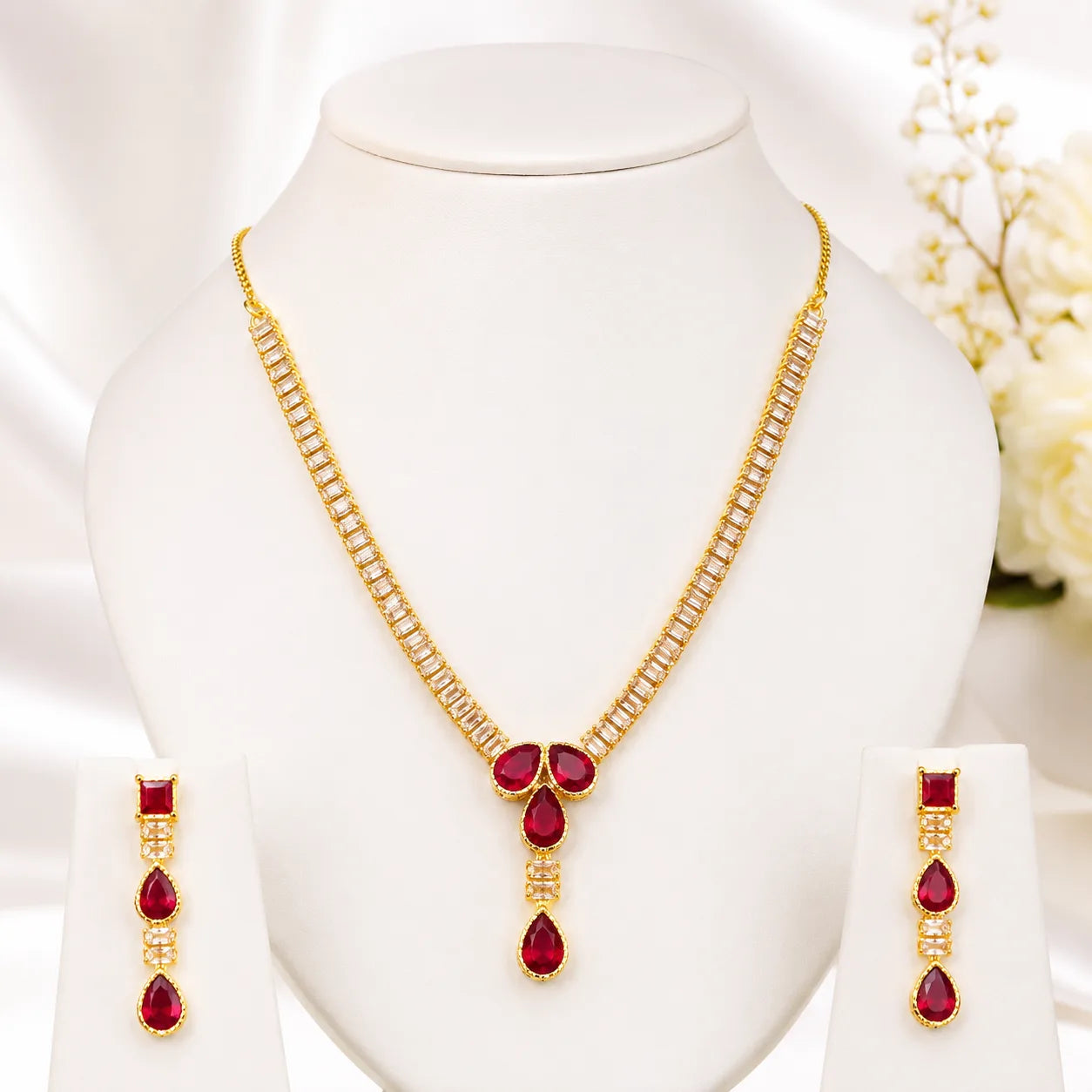 Ruby Red Teardrop Zircon Necklace Set | Color Customisable | 5 Colors |