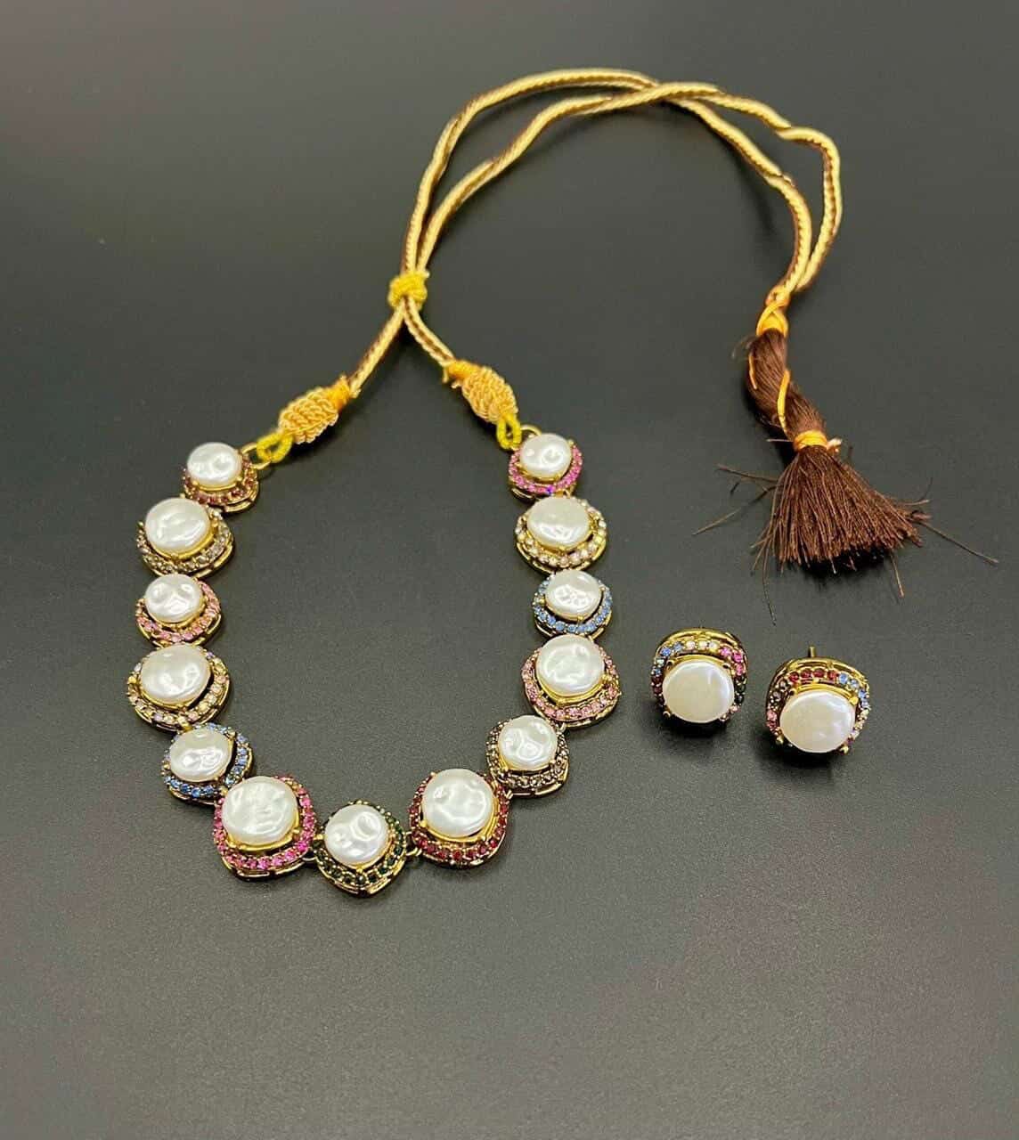 Classic Designer Pearl & Emerald Turkish Necklace Set - Gold Filigree Choker with Matching Studs for Women