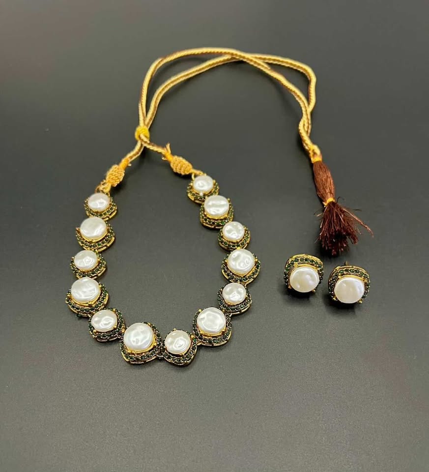 Classic Designer Pearl & Emerald Turkish Necklace Set - Gold Filigree Choker with Matching Studs for Women