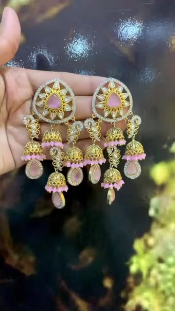 Emerald Green Kundan Jhumka Earrings with Gold Finish and Drop Crystals - Bridal & Festive Jewelry