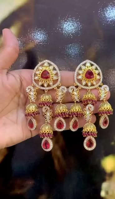 Emerald Green Kundan Jhumka Earrings with Gold Finish and Drop Crystals - Bridal & Festive Jewelry