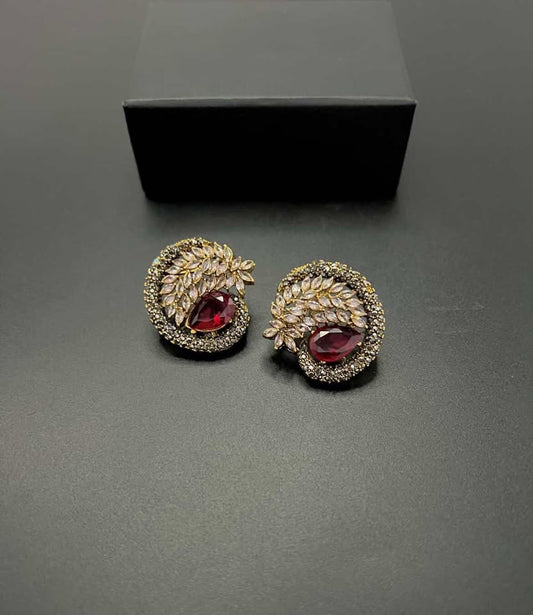 Vintage Ruby Red Turkish Stud Earrings - Antique Gold Winged Design with Marquise Crystals for Women