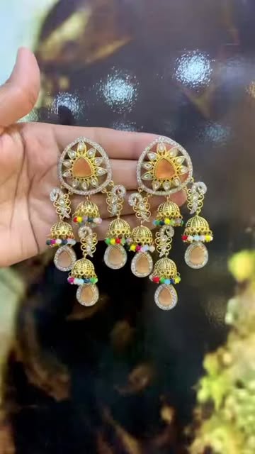 Emerald Green Kundan Jhumka Earrings with Gold Finish and Drop Crystals - Bridal & Festive Jewelry