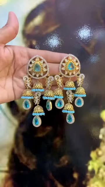 Emerald Green Kundan Jhumka Earrings with Gold Finish and Drop Crystals - Bridal & Festive Jewelry