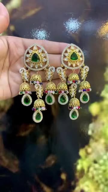 Emerald Green Kundan Jhumka Earrings with Gold Finish and Drop Crystals - Bridal & Festive Jewelry
