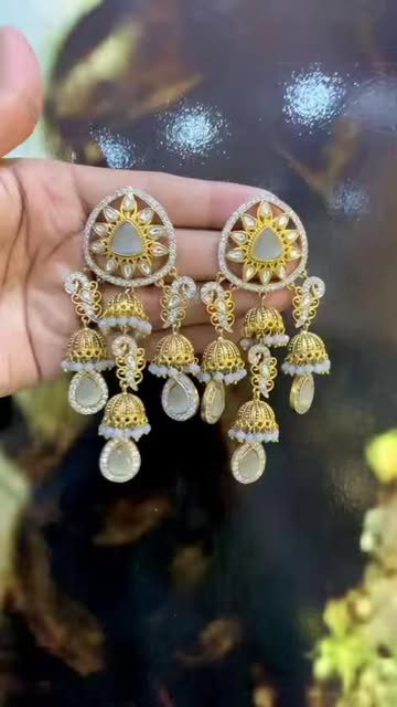 Emerald Green Kundan Jhumka Earrings with Gold Finish and Drop Crystals - Bridal & Festive Jewelry