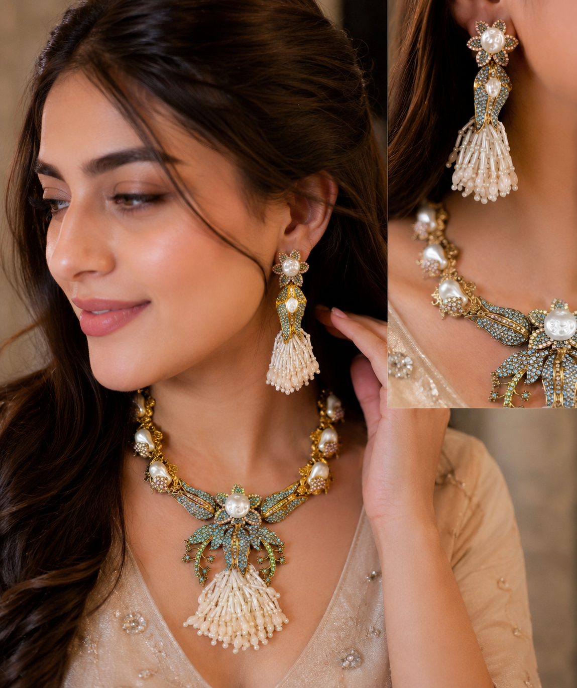 Luxury Turkish Pearl Statement Necklace Set with Earrings | Gold Plated Floral Bridal Jewelry