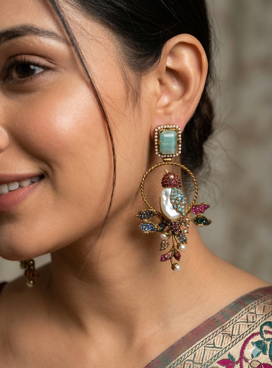 Luxury Turkish Bird Statement Earrings with Pearls & Crystals | Gold Plated Designer Drop Earrings