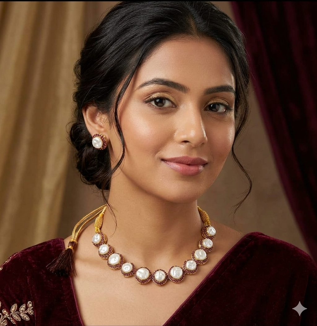 Classic Designer Pearl & Emerald Turkish Necklace Set - Gold Filigree Choker with Matching Studs for Women