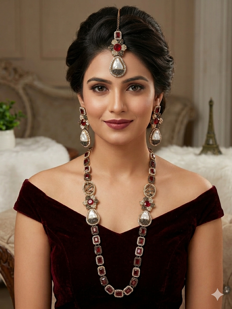 Turkish Designer Necklace, Earrings, and Maang Tikka with Gold Filigree| Statement Jewellery