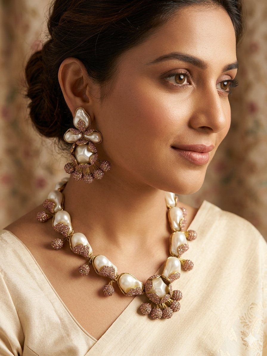 Royal Turkish Baroque Pearl Jewelry Set – Vintage Ottoman Inspired Necklace & Earrings with Pink Zirconia Accents