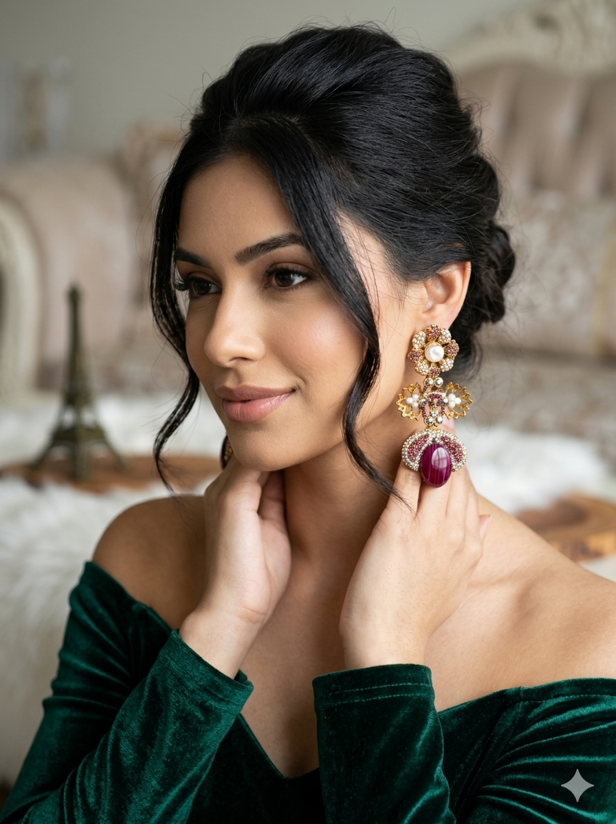 Turkish Designer Vintage Earrings - Intricate Filigree & Deep Magenta Drops for Women