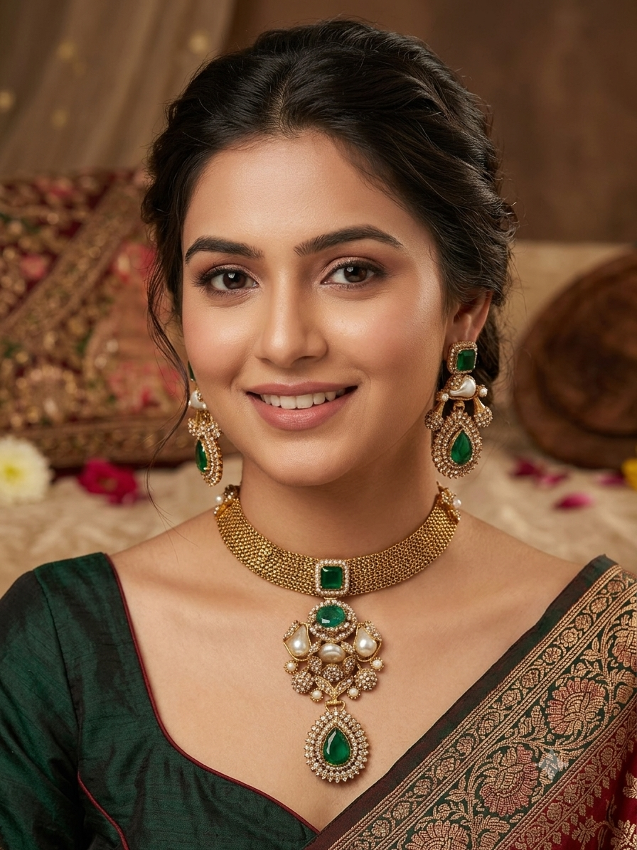 Designer Turkish| Gold-Plated Jewelry Set| Emerald Green Crystals & Pearls – Available in 5 Colors