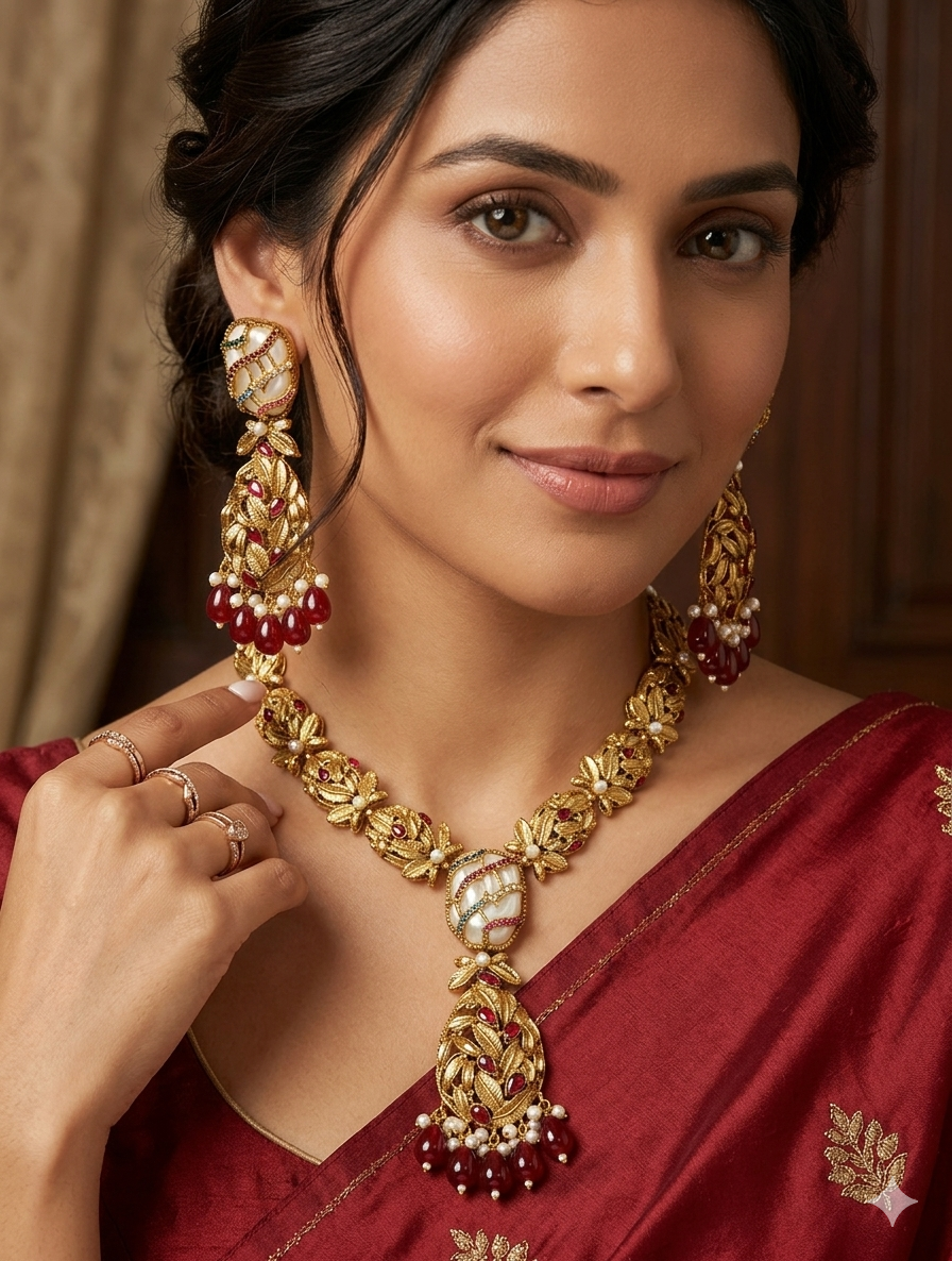 Vintage Style Turkish Floral Jewelry Set – Gold-Plated Necklace & Long Statement Earrings