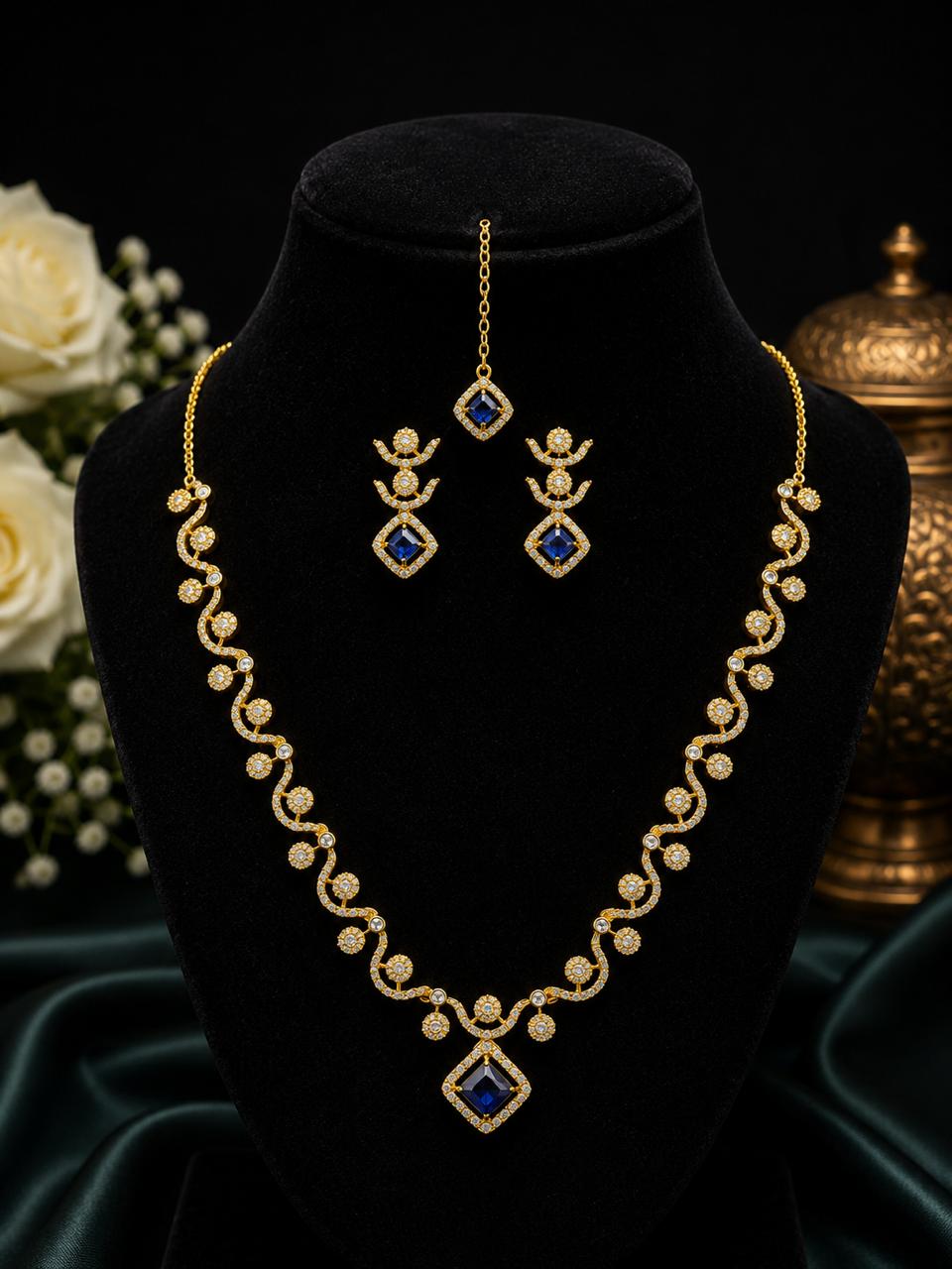 Pink Stone Gold-Plated Necklace Set with Earrings & Maang Tikka | Bridal Jewelry |