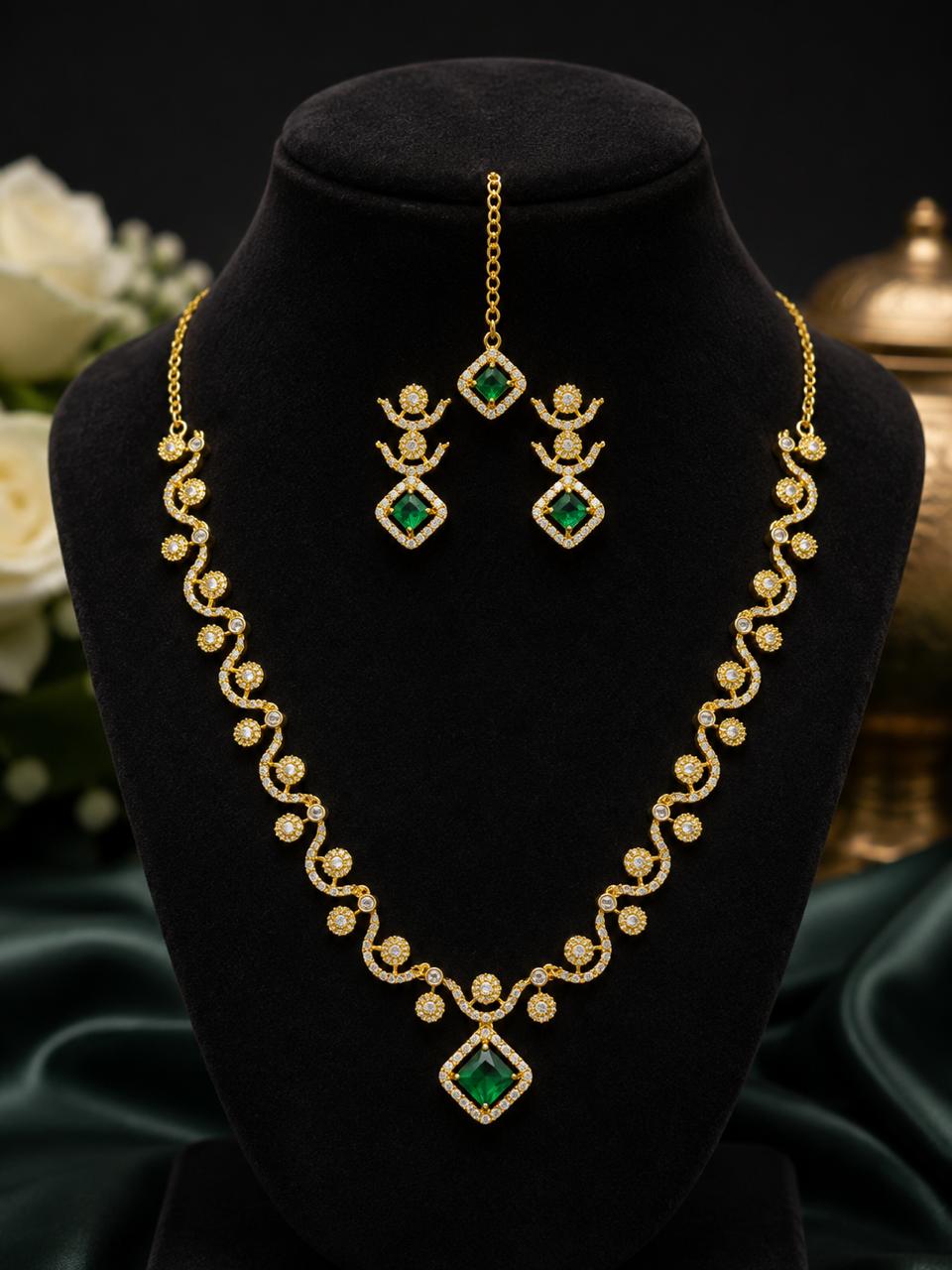 Pink Stone Gold-Plated Necklace Set with Earrings & Maang Tikka | Bridal Jewelry |