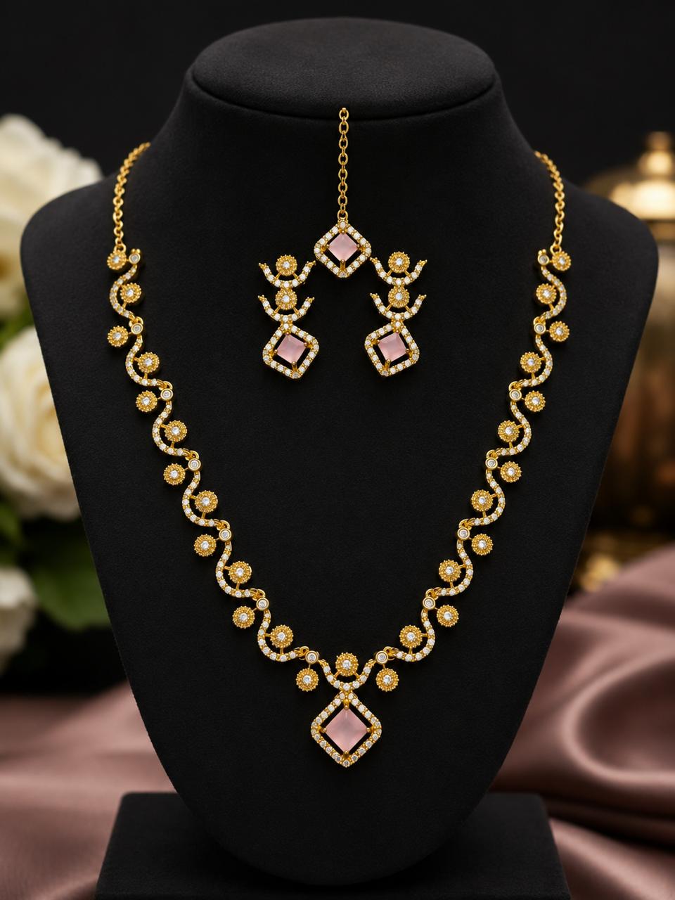 Pink Stone Gold-Plated Necklace Set with Earrings & Maang Tikka | Bridal Jewelry |