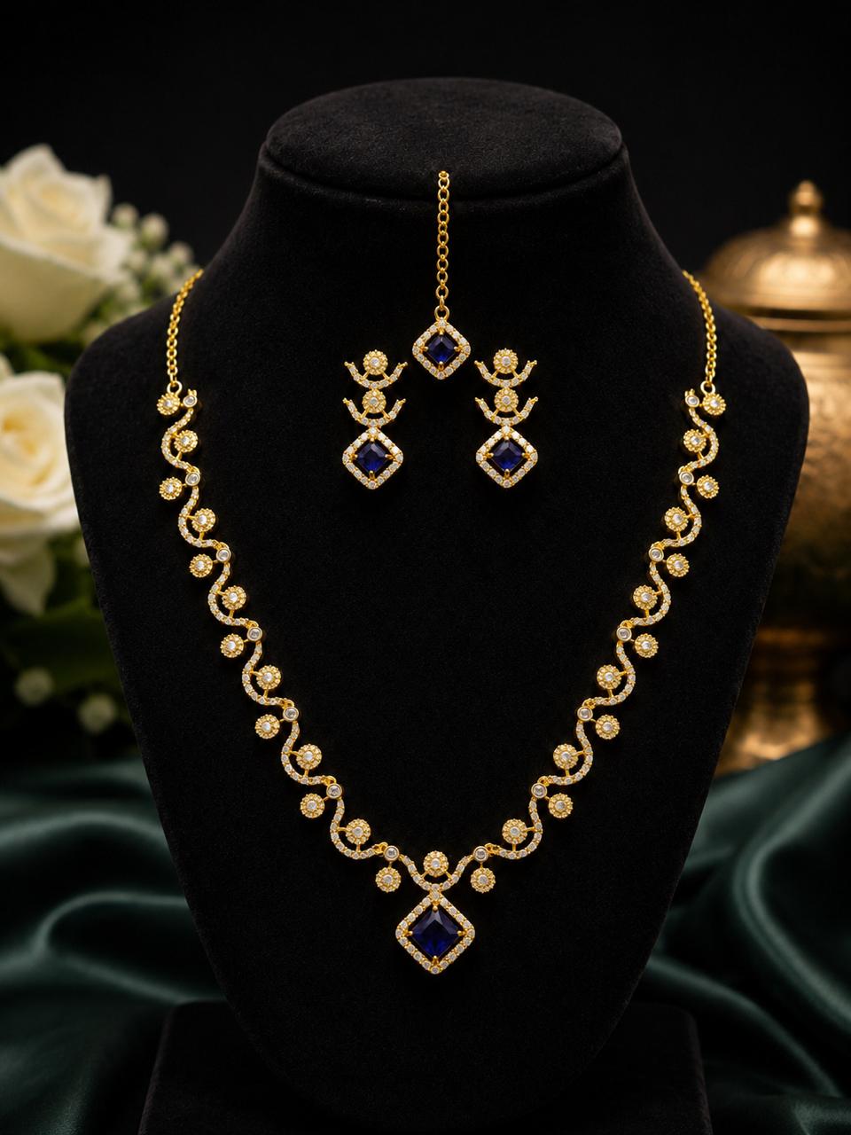 Pink Stone Gold-Plated Necklace Set with Earrings & Maang Tikka | Bridal Jewelry |