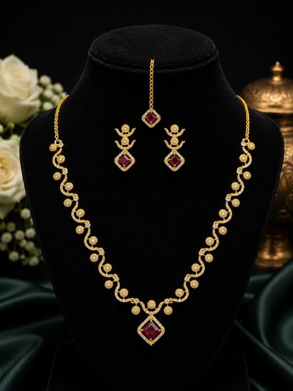 Pink Stone Gold-Plated Necklace Set with Earrings & Maang Tikka | Bridal Jewelry |