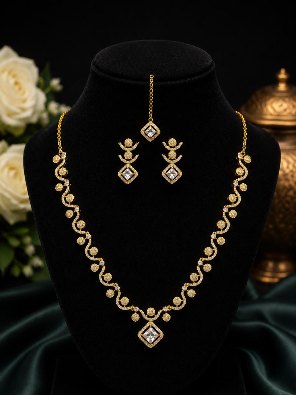 Pink Stone Gold-Plated Necklace Set with Earrings & Maang Tikka | Bridal Jewelry |