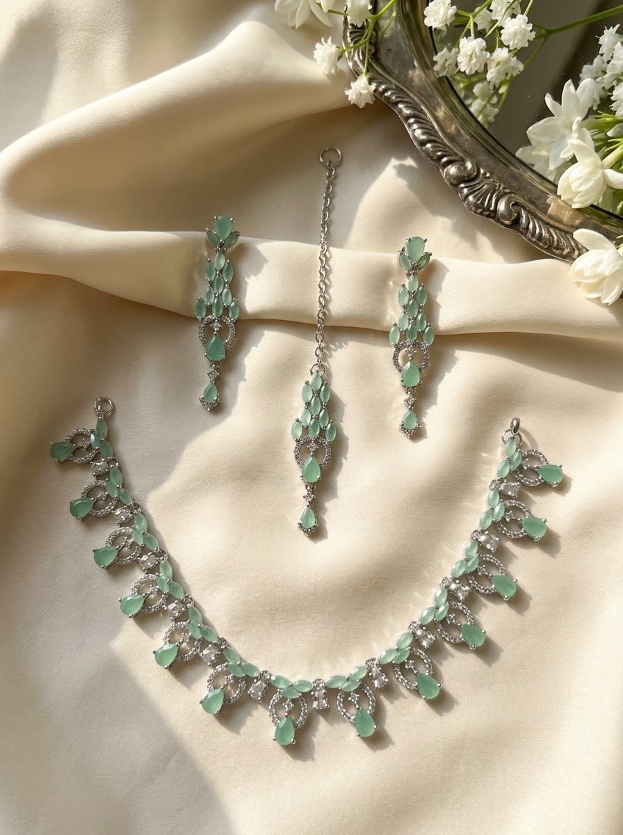 Mint Green Bridal Jewellery Set with Maang Tikka