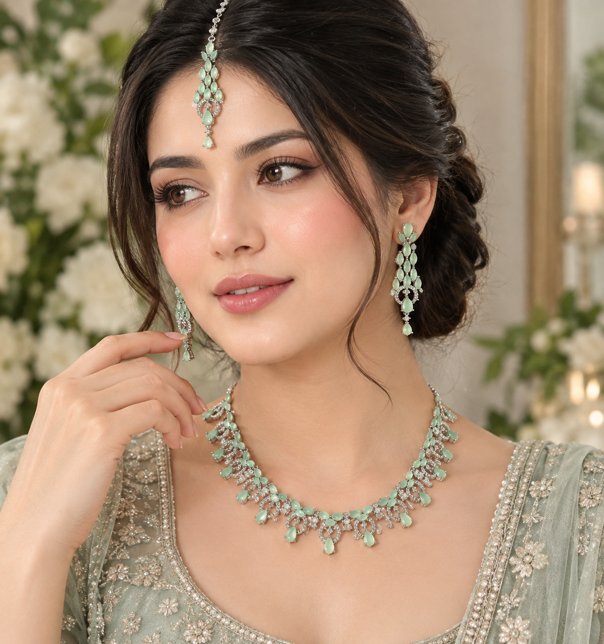 Mint Green Bridal Jewellery Set with Maang Tikka