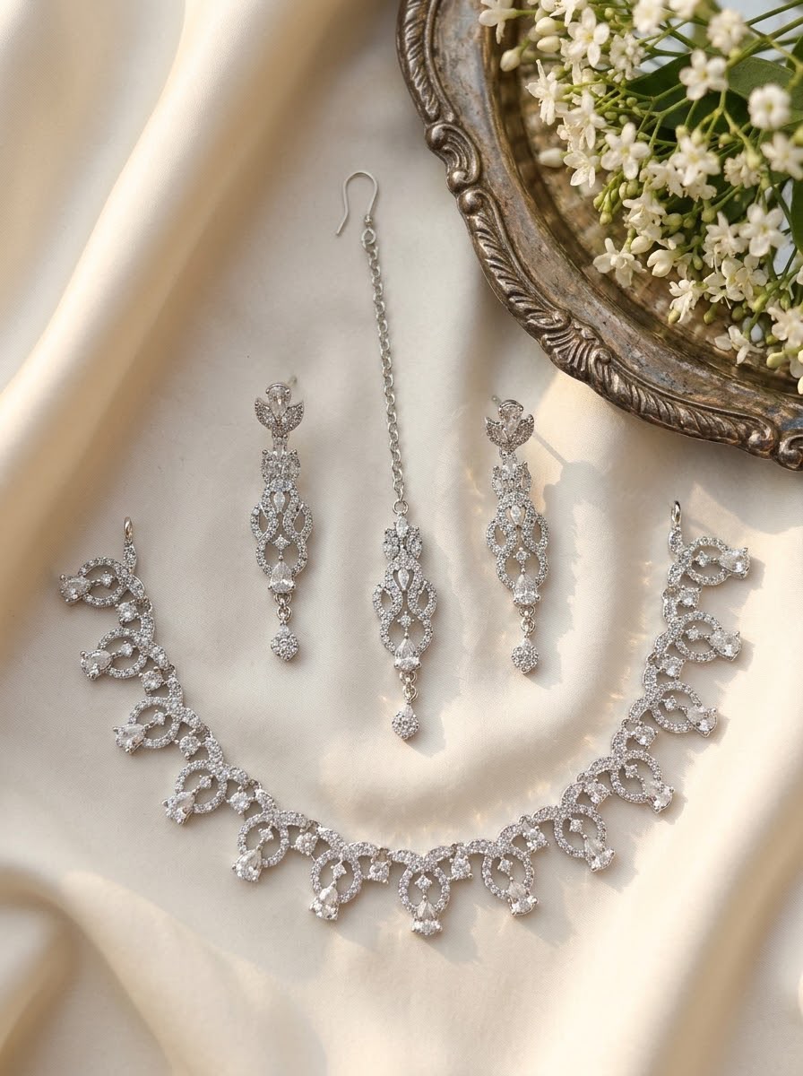 Gold-tone bridal jewellery set with necklace, earrings and maang tikka on burgundy velvet