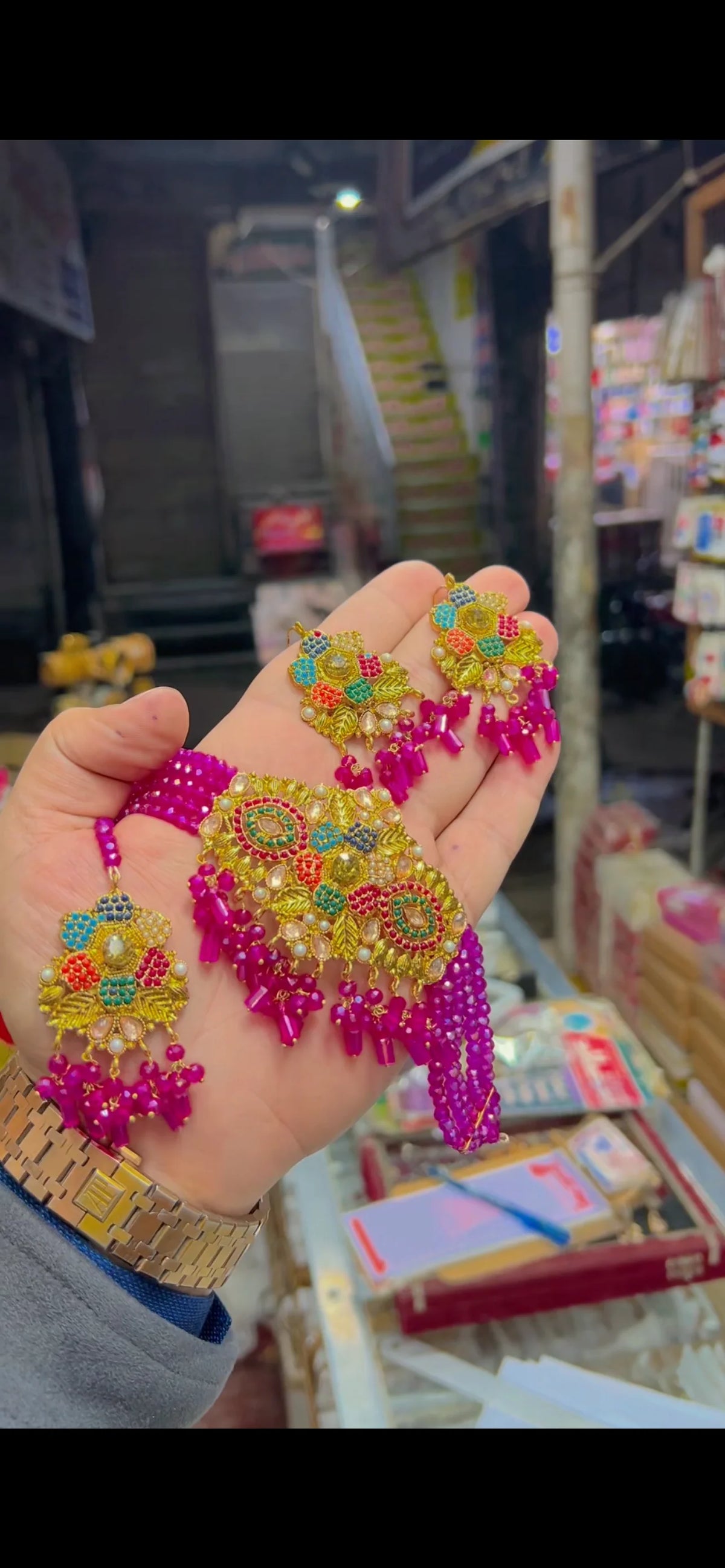 Pink & Gold Beaded Jewellery Set with Necklace & Earrings