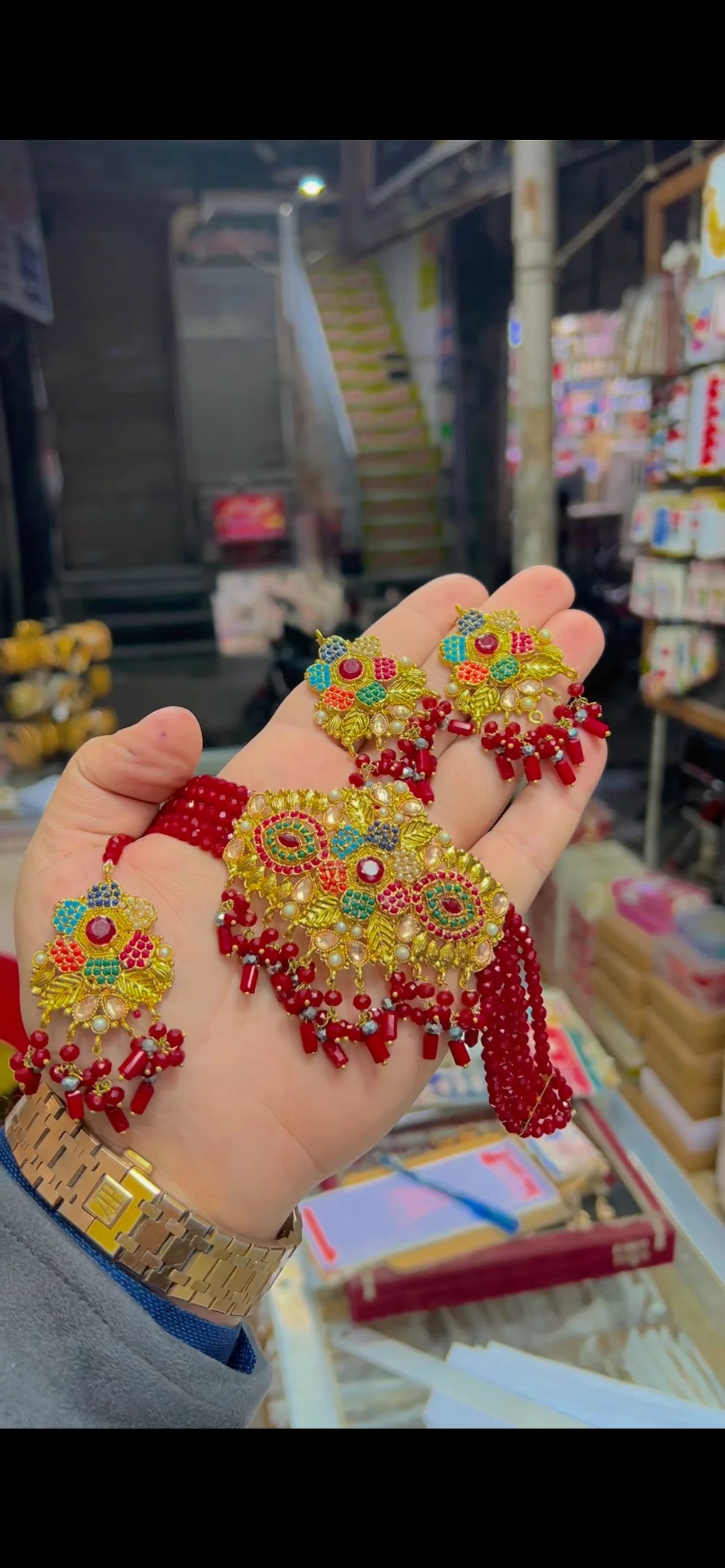 Pink & Gold Beaded Jewellery Set with Necklace & Earrings