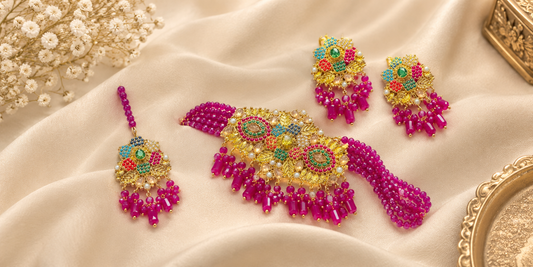 Pink & Gold Beaded Choker Jewellery Set with Necklace & Earrings