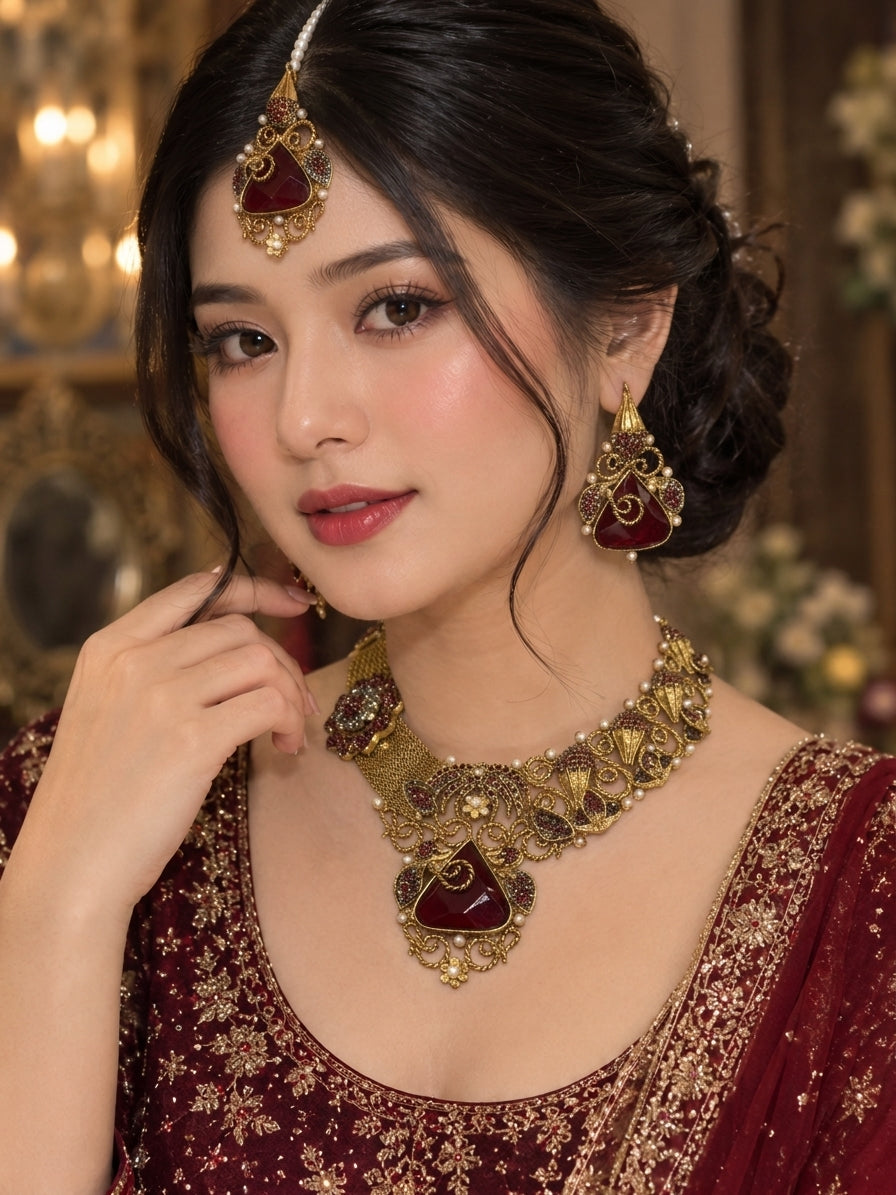 Red Turkish Bridal Jewellery Set with Necklace & Earrings