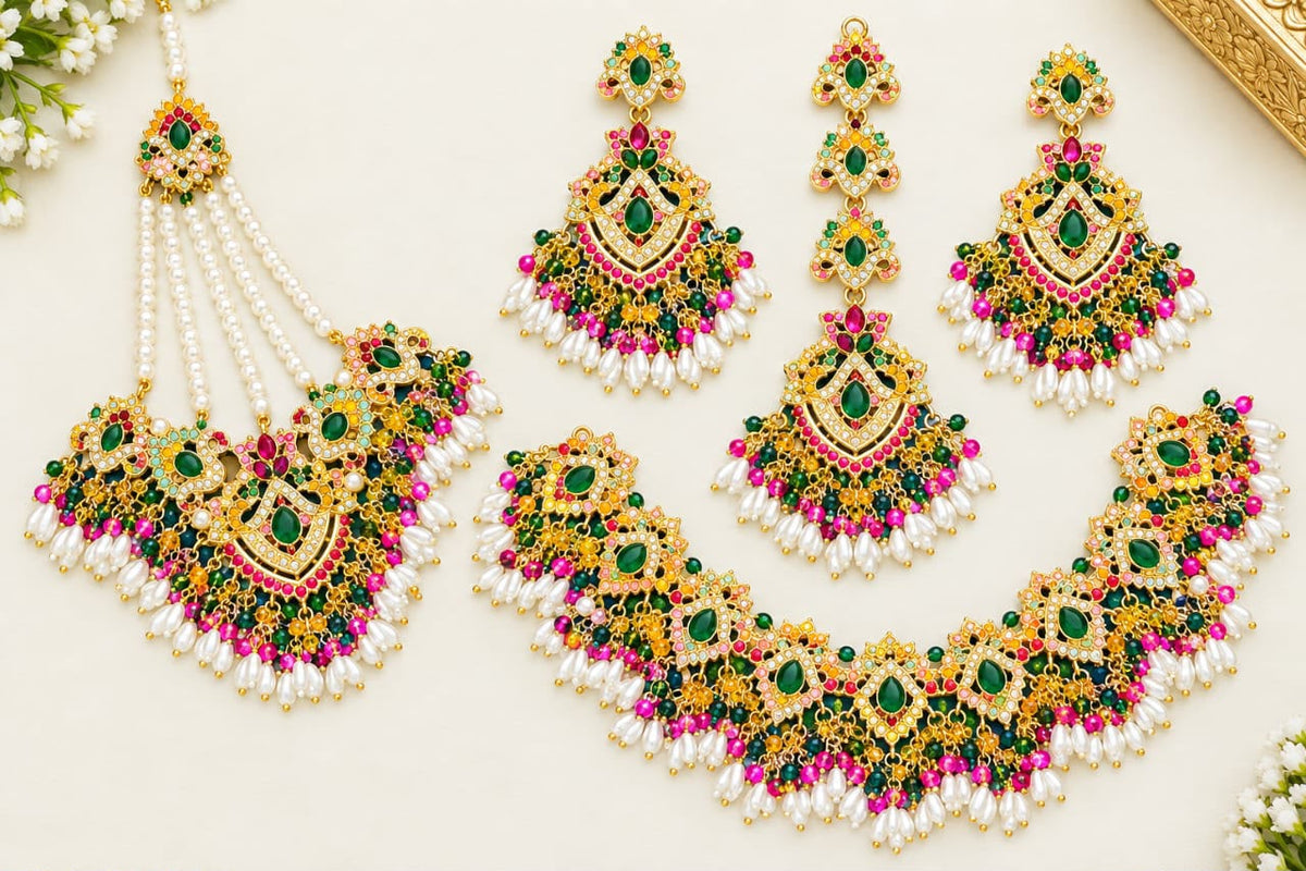 Multicolor Kundan Bridal Jewellery Set – Necklace Earrings & Maang Tikka