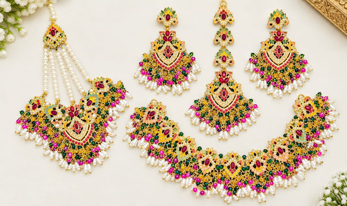 Multicolor Kundan Bridal Jewellery Set – Necklace Earrings & Maang Tikka