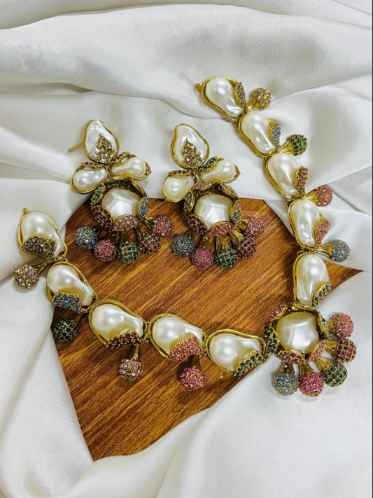 Royal Turkish Baroque Pearl Jewelry Set – Vintage Ottoman Inspired Necklace & Earrings with Pink Zirconia Accents