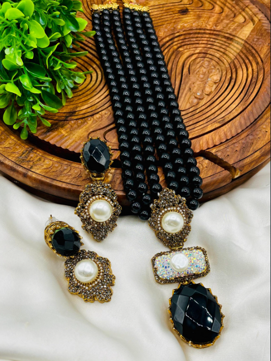 Handcrafted Turkish Doublet Stone 5-Strand Mala Necklace – Green & Pearl Statement Set