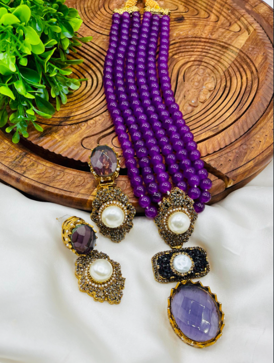 Handcrafted Turkish Doublet Stone 5-Strand Mala Necklace – Green & Pearl Statement Set