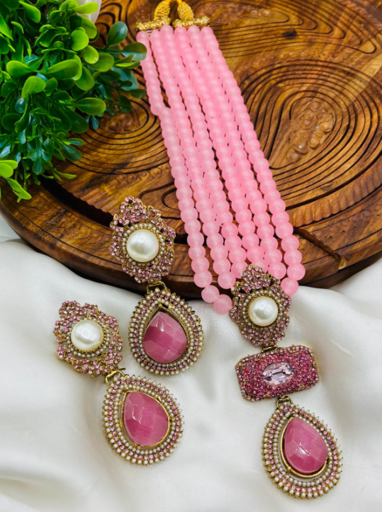 Handcrafted Turkish Doublet Stone 5-Strand Mala Necklace – Green & Pearl Statement Set