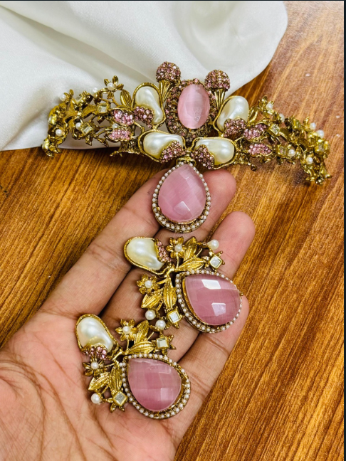 Designer Vintage Turkish Rose Quartz & Baroque Pearl Choker Set