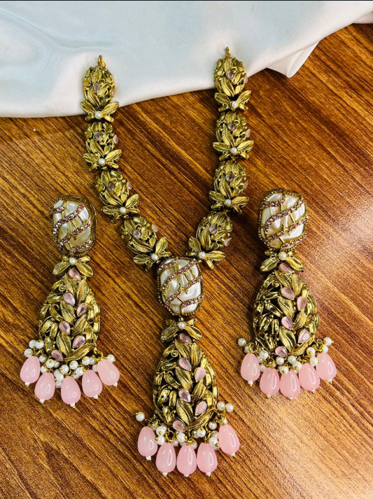 Vintage Style Turkish Floral Jewelry Set – Gold-Plated Necklace & Long Statement Earrings